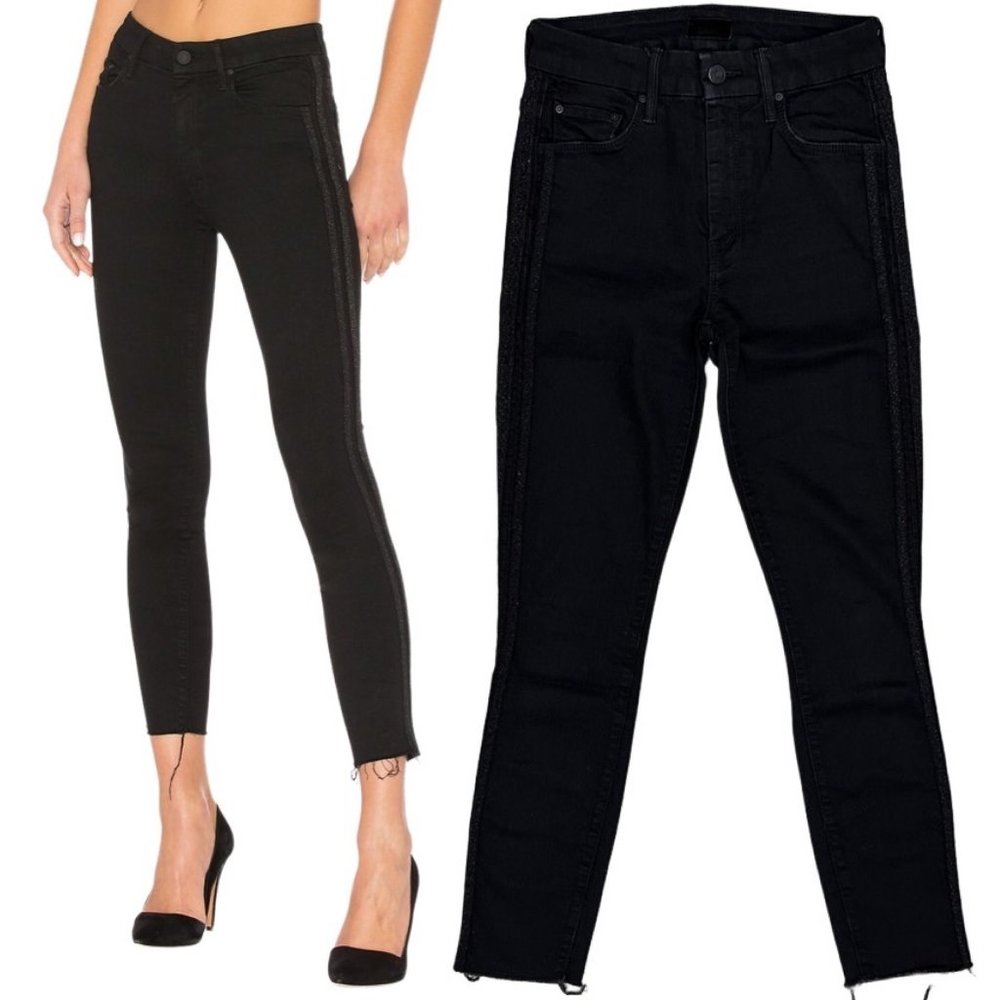 Mother High Waisted HW Looker Ankle Fray Guilty Party Racer Black Skinny Jeans